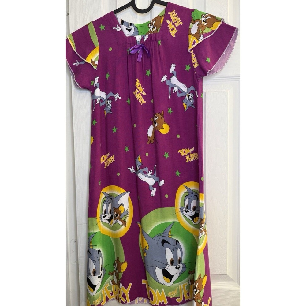 Tom and Jerry Girls Nightgown Size 14 Purple Cartoon Print Sleepwear 34” Long